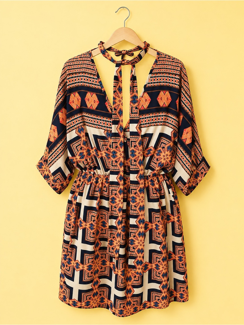 Peach Love Geometric Print Tie-Neck Dress in Navy & Orange med